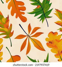 Hand drawn leaves abstract seasonal print. Cute autumn collage pattern. Fashionable template for design.