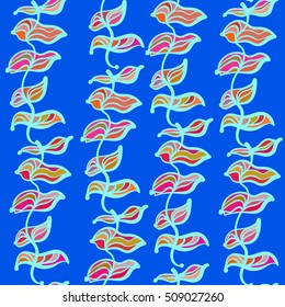 Hand drawn leaves, algae, abstraction. Vector seamless pattern