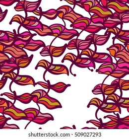 Hand drawn leaves, algae, abstraction. Vector seamless pattern