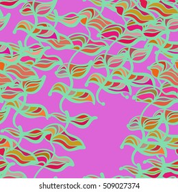 Hand drawn leaves, algae, abstraction. Vector seamless pattern