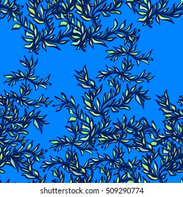 Hand drawn leaves, algae, abstraction. Vector seamless pattern