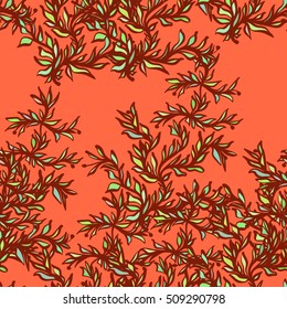 Hand drawn leaves, algae, abstraction. Vector seamless pattern