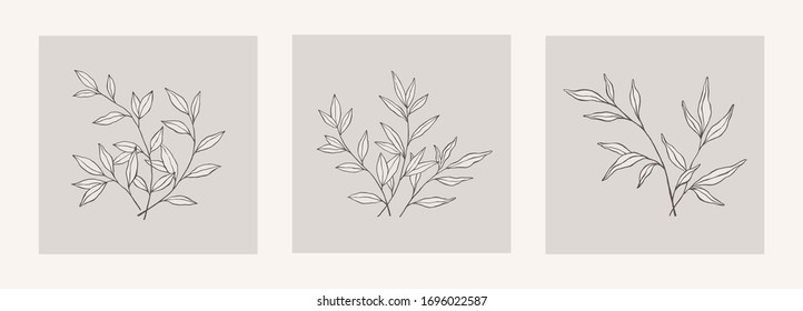 Hand drawn leaves arrangement. Vector botanical illustration, floral brush sketches