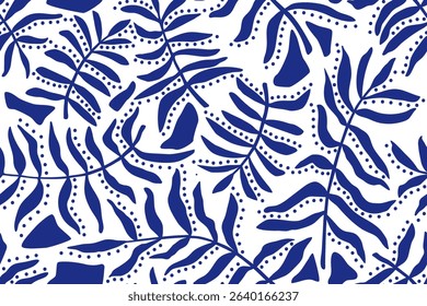 Hand drawn leaves and branches, circles and random geometric shapes, seamless pattern. Tropical abstract plants, botanical background. Summer design pattern. Vector illustration in blue ink on white
