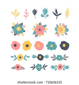 Hand drawn leaves and flowers. Baby vector floral elements