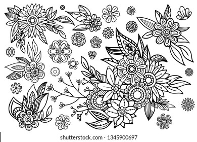 Hand drawn leaves and flowers collection. Floral design elements set. Black and white vector illustration in doodles style. Isolated on white background.