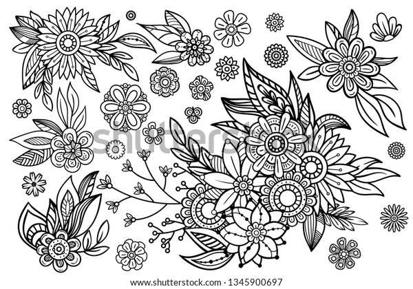 Hand drawn leaves and flowers\
collection. Floral design elements set. Black and white vector\
illustration in doodles style. Isolated on white\
background.