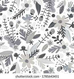 Hojas dibujadas a mano y flores. Fondo gris de patrón sin brillo. Ilustración vectorial.