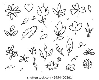 Hand drawn leaves and flowers vector set