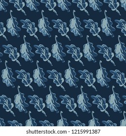 Hand Drawn Leaves Indigo Pattern Seamless Vector. Faded Denim Blue Batik Style Leaf Texture for Textile Print, Japan Decor, Summer Fashion Prints, Nature Packaging, Backdrop, Ethnic Indonesian Fabric.