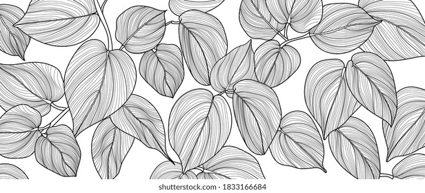 Hand drawn leaves line arts Vector  background, Abstract leaf pattern, Autumn wallpaper, Tropical leaves design for fabric, Wrapping paper, prints, Vector illustration.