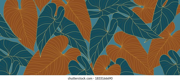 Hand drawn leaves line arts Vector  background, Abstract leaf pattern, Autumn wallpaper, Tropical leaves design for fabric, Wrapping paper, prints, Vector illustration.