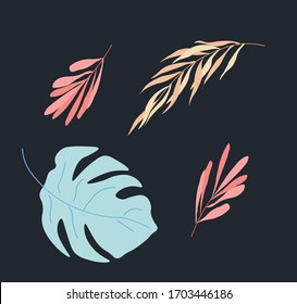 Hand drawn leaves on a black background. Background image.