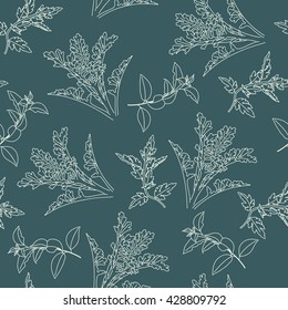 Hand drawn leaves on dark blue background. Vintage vector seamless background.