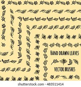 Hand drawn leaves pattern brushes. Vector set of plant tree parts for seasonal greeting card template, flyer, banner, frame, seamless border, wedding invitation etc.