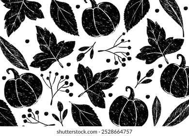 Hojas y calabazas dibujadas a mano sobre un fondo blanco. Follaje de otoño grunge. Fondo de la naturaleza del grunge
