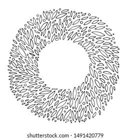 Hand drawn leaves round frame. Black outline sketched floral ornament