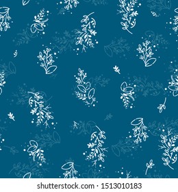 Hand drawn leaves seamless pattern. Nature background, doodle abstract wallpaper. Vector illustration. Monochrome. blue white. for wallpapers, pattern fills, web page backgrounds.