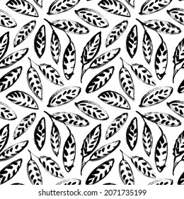 Hand drawn leaves seamless pattern. Streaked leaves with scribble textures. Sketches and doodles of plants. Natural elements in monochrome colors. Modern ornament with black botanical elements.