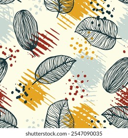 Dibujado a mano hojas sin patrón con salpicaduras artísticas y Ilustración vectorial de pincel