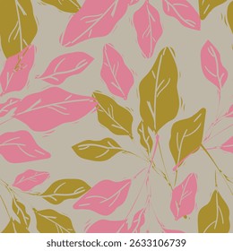 Hojas dibujadas a mano Seamless Pattern hojas de Vector de fondo floral. Diseño de impresión para textiles. Estampados de moda verano primavera
