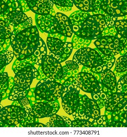 Hand drawn leaves in seamless pattern. Scandinavian style with pop art colors. Trendy Graphic Design of foliage in yellow - green colors