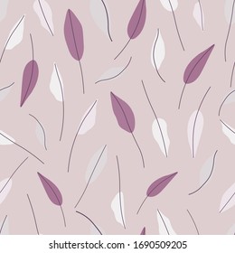 Hojas dibujadas a mano repiten sin fisuras el patrón vectorial para envolver papel, telas, textiles, papel pintado.Patrón vectorial botánico.Púrpura,hojas blancas en un fondo rosado.
