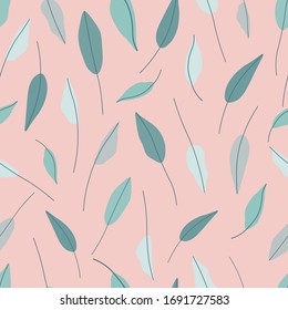 Handgezeichnete Blätter nahtlose Wiederholung der Vektorillustration Muster für die Verpackung von Papier Botanische Vektorillustration Muster.Grüne, graue Blätter auf pastellrosa Hintergrund.