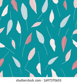 Hojas dibujadas a mano repiten sin fisuras el patrón vectorial para envolver papel, telas, textiles, papel pintado.Patrón vectorial botánico.Hojas grises, rosas, rojas sobre un fondo verde.