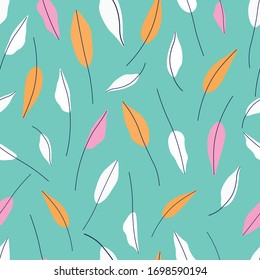 Hand drawn leaves seamless repeat vector pattern for wrapping paper,fabrics,textile,wallpaper.Botanical vector pattern.White,orange and pink leaves on a green background.