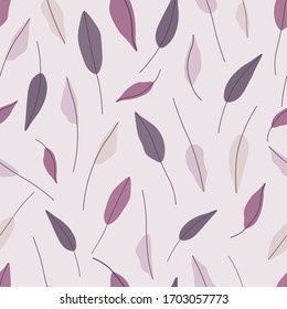 Hand drawn leaves seamless repeat vector pattern for wrapping paper,fabrics,textile,wallpaper.Botanical vector pattern.Purple,pink,mauve leaves on a pastel pink background.