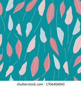 Hand drawn leaves seamless repeat vector pattern for wrapping paper,fabrics,textile,wallpaper.Botanical vector pattern.Grey,pink,red leaves on a green background.