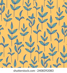 Hand drawn leaves seamless repeat pattern. Vector botany plants aop all over surface print on yellow background.