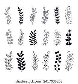 Hand drawn leaves set. Leaves and black branches silhouettes on white background