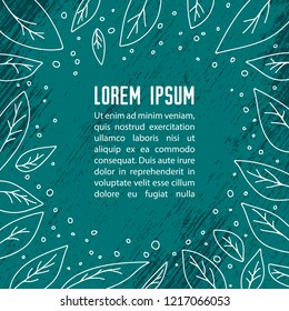 Hand drawn leaves with text frame isolated on blue background. Doodle style. Design template for leaflet, booklet or cover. Hand drawn style.