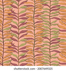 Hojas dibujadas a mano en varios colores con un toque tropical. Patrón vectorial que se puede repetir sin problemas.