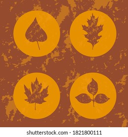 Hand drawn leaves vector icon set collection, autumn tree symbol in yellow circles on the orange background.