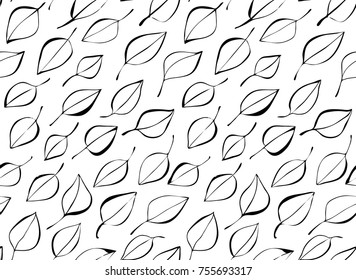 Hand drawn leaves. Vector seamless pattern. Doodle stylized image. Sketch style. Black outline illustration on white background.