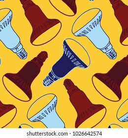 Hand drawn LED light bulbs vector pattern in yellow, red and blue colors palette