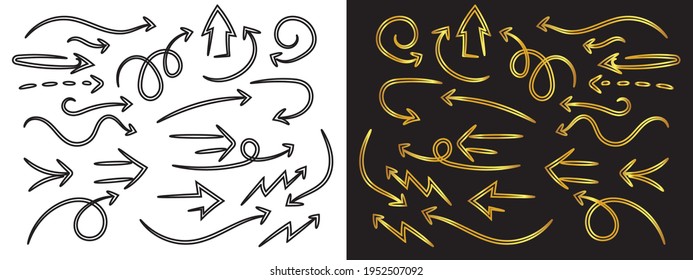 Hand drawn left and right arrows set. Collection of symbols in gold colour over black background. Black arrow on white background. Vector illustration.