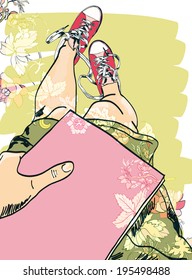 Hand drawn legs in colored funky gumshoes with book flower pattern poster vector illustration