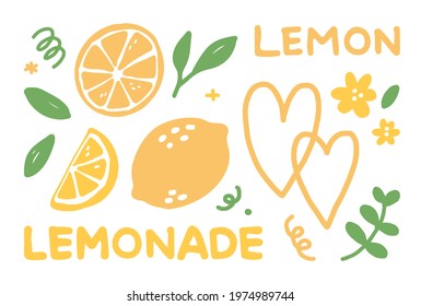 hand drawn lemon, lemon art set