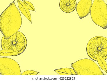 Hand drawn lemon background template. Bright yellow colors.