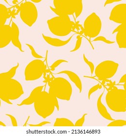 Hand Drawn Lemon Branch Silhouette Vector Seamless Pattern