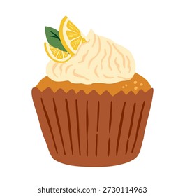 Postre de cupcake de limón dibujado a mano con Ilustración vectorial de rodajas de nata y cítricos.