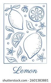 Hand drawn lemon fruits, flowers and leaves. Vintage sketch of citrus fruits with word Lemon. Vector botanical illustration for posters, flyers, cards, invitations, banners, pattern