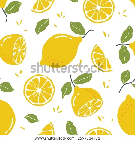 Hand drawn lemon fruits with lemon slice and grain seamless pattern. Vector Illustration