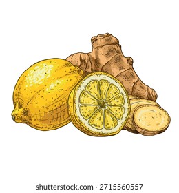 Hand drawn lemon and ginger. Vector illustration isolated on white background.