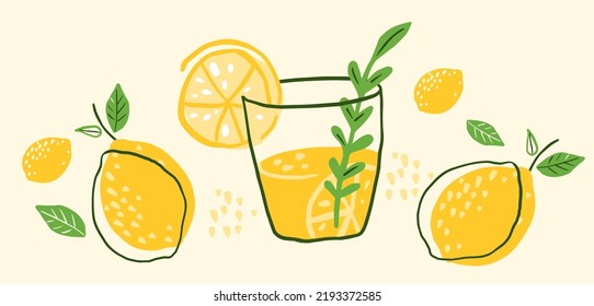 Hand drawn lemon and glass of lemonade. Poster with lemonade. Illustration for icon, logo, print, card, emblem, banner, label. Fresh drink.