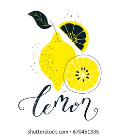 Hand drawn lemon illustration with lettering. Fresh natural fruit background. Vector banner, paster, package design. Natural food market concept. Organic design.